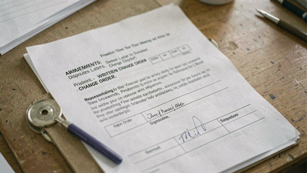 Amendments that prevent disputes later in a project: editorial view of written change order, signature block and effective date