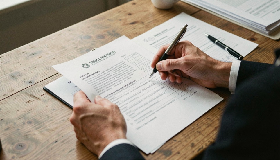 Hands arranging a contract, checklist and source notes on a wooden desk