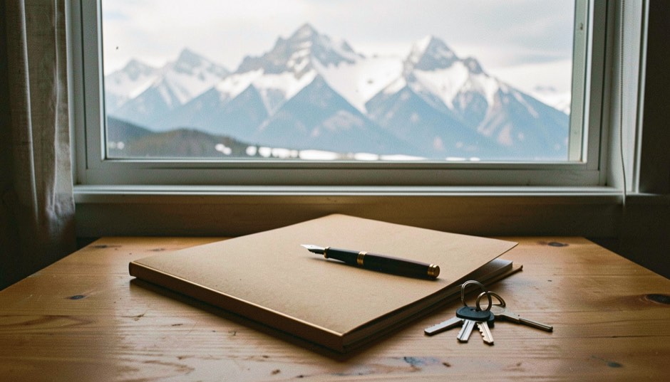 A closed manila folder, a fountain pen and a ring of keys on a pine table by a window that looks out on snow-capped Montana mountains in morning light