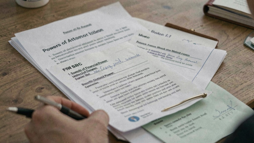 Editorial desk showing financial power, health directive and review date